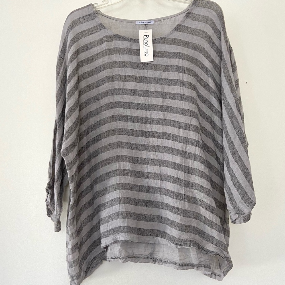 Puro Lino Linen Tunic Top Womens Size XL Gray Striped Beach Lagenlook Coastal